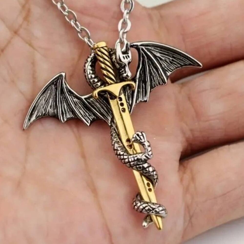 Sword Dragon Necklace Chain Pendant Silver Gold D&D Dungeons Dragons Solid - NEW